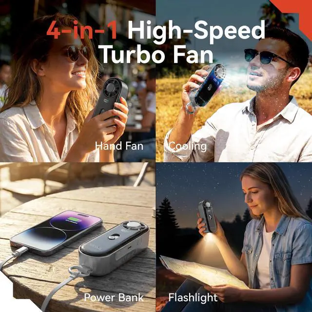 Alt view image 2 of 7 - Metal Handheld Fan with Ice Cooling, 10,000mAh Power Bank & Flashlight, 16,500 RPM Turbo Cooling, 100-Speed Adjustable Fan, Built-in Retractable USB-C Cable for Travel, Camping & Outdoor Use