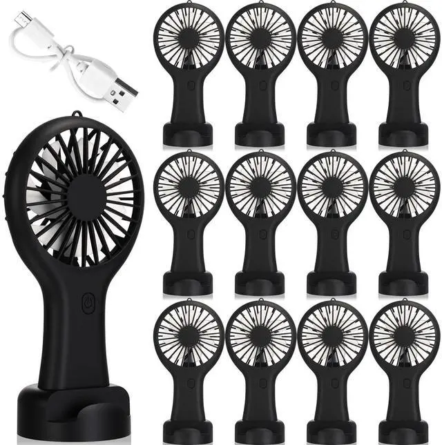 Main image of 12 Pcs Mini Handheld Fan Bulk 3 Speed USB Electric Battery Operated Small Portable Pocket Fan with Data Cable and Mounting Base Quiet Summer Gift for Wedding Camping Travel(Black)