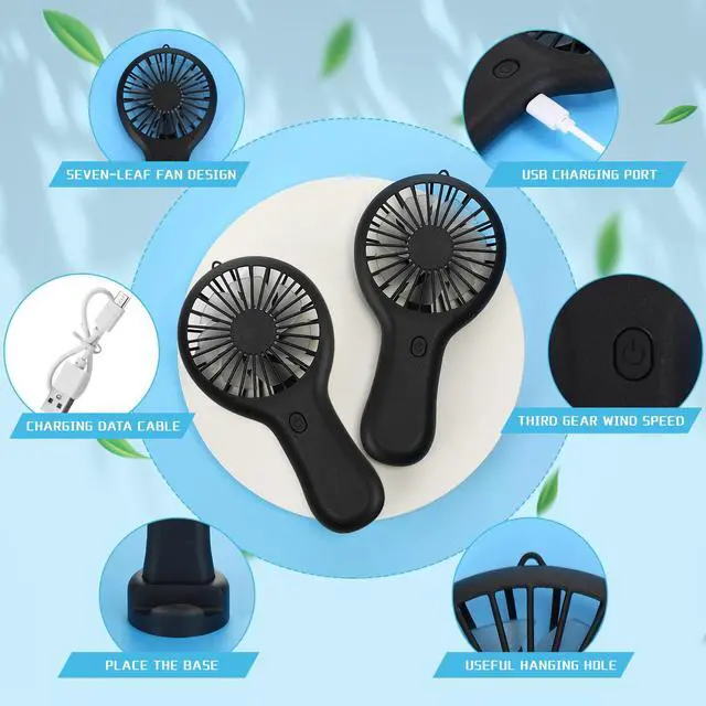Alt view image 4 of 7 - 12 Pcs Mini Handheld Fan Bulk 3 Speed USB Electric Battery Operated Small Portable Pocket Fan with Data Cable and Mounting Base Quiet Summer Gift for Wedding Camping Travel(Black)