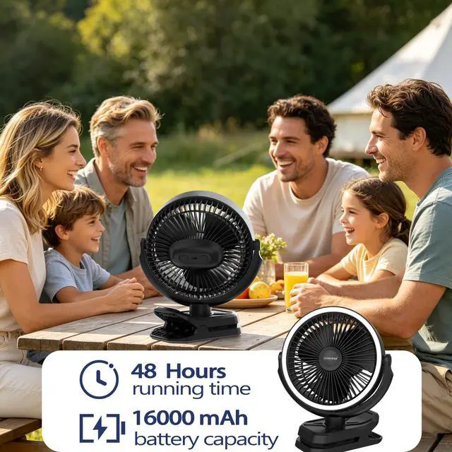 Alt view image 3 of 7 - Clip on Fan 16000mAh: Portable Rechargeable Clamp Fan for Stroller Bed Camping Tent Golf Cart - Quiet Battery Operated with 3 Speed Strong Airflow LED Light Hook for Office Desk Outdoor (Black)