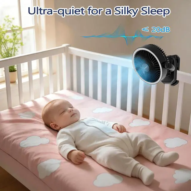 Alt view image 7 of 7 - Clip on Fan 16000mAh: Portable Rechargeable Clamp Fan for Stroller Bed Camping Tent Golf Cart - Quiet Battery Operated with 3 Speed Strong Airflow LED Light Hook for Office Desk Outdoor (Black)