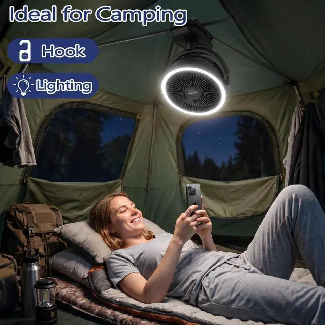 Alt view image 4 of 7 - Clip on Fan 16000mAh: Portable Rechargeable Clamp Fan for Stroller Bed Camping Tent Golf Cart - Quiet Battery Operated with 3 Speed Strong Airflow LED Light Hook for Office Desk Outdoor (Black)