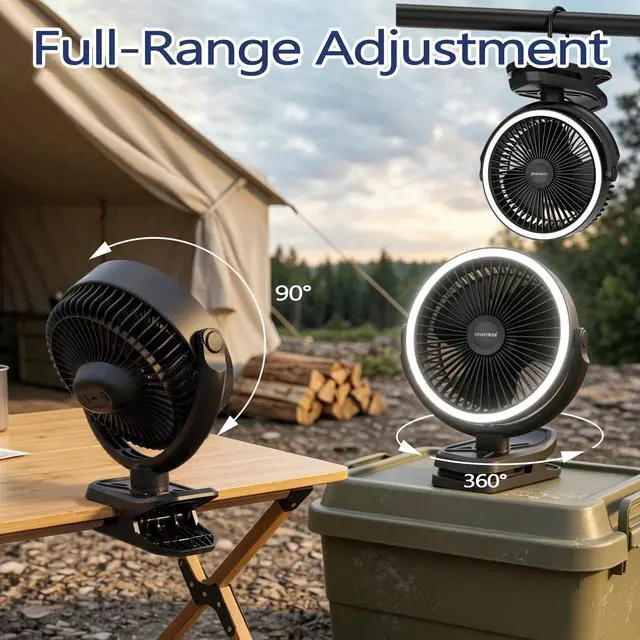 Alt view image 6 of 7 - Clip on Fan 16000mAh: Portable Rechargeable Clamp Fan for Stroller Bed Camping Tent Golf Cart - Quiet Battery Operated with 3 Speed Strong Airflow LED Light Hook for Office Desk Outdoor (Black)