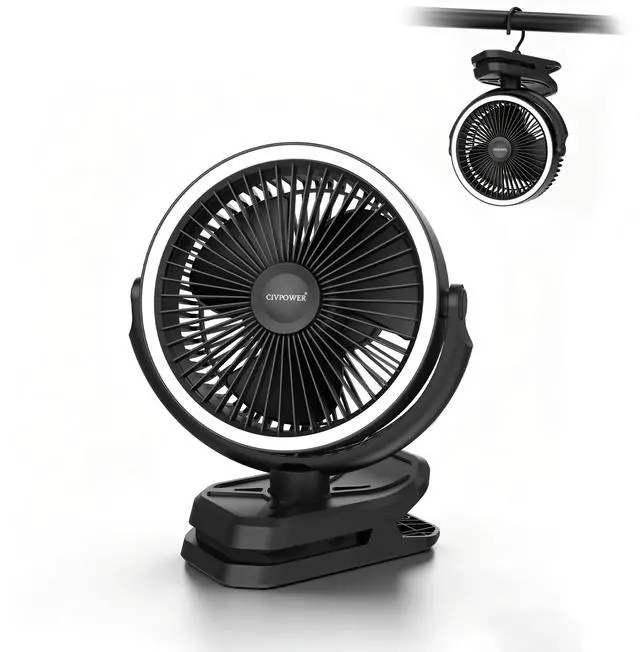 Main image of Clip on Fan 16000mAh: Portable Rechargeable Clamp Fan for Stroller Bed Camping Tent Golf Cart - Quiet Battery Operated with 3 Speed Strong Airflow LED Light Hook for Office Desk Outdoor (Black)