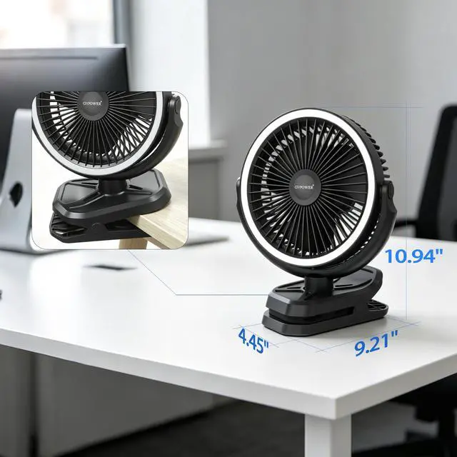 Alt view image 5 of 7 - Clip on Fan 16000mAh: Portable Rechargeable Clamp Fan for Stroller Bed Camping Tent Golf Cart - Quiet Battery Operated with 3 Speed Strong Airflow LED Light Hook for Office Desk Outdoor (Black)