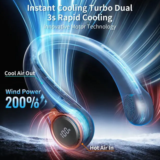 Alt view image 2 of 7 - Portable Neck Fan, 6000mAh Rechargeable Fan Blows Cold Air with LED Display, 4 Speeds, 20H Runtime, Quiet Wearable 360° Personal Cooling Fan for Outdoor Travel Work Gym,Fireplace Fans-Blue