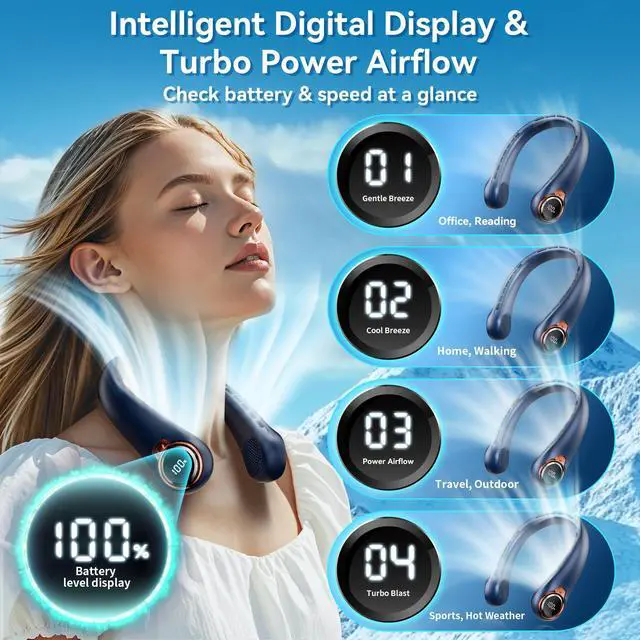 Alt view image 4 of 7 - Portable Neck Fan, 6000mAh Rechargeable Fan Blows Cold Air with LED Display, 4 Speeds, 20H Runtime, Quiet Wearable 360° Personal Cooling Fan for Outdoor Travel Work Gym,Fireplace Fans-Blue