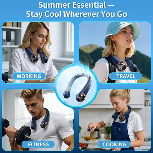 Alt view image 7 of 7 - Portable Neck Fan, 6000mAh Rechargeable Fan Blows Cold Air with LED Display, 4 Speeds, 20H Runtime, Quiet Wearable 360° Personal Cooling Fan for Outdoor Travel Work Gym,Fireplace Fans-Blue