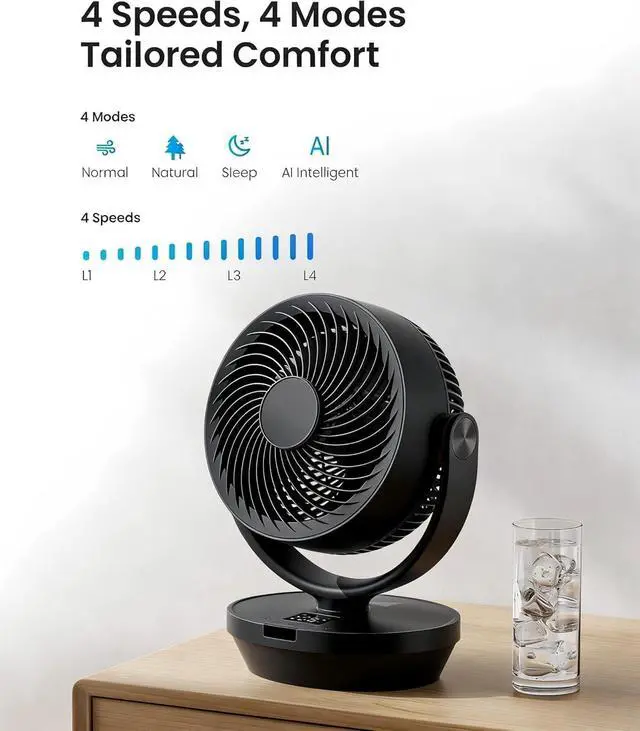 Alt view image 2 of 7 - Air Circulator Fan for Bedroom, Quiet Table Fan with 4 Speeds, 90° Oscillation, 120° Vertical, 12H Timer, Powerful Airflow, Oscillating Desk Fan for Bedroom Office Home
