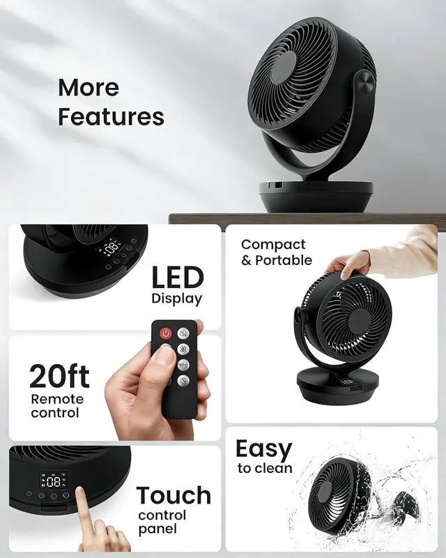 Alt view image 7 of 7 - Air Circulator Fan for Bedroom, Quiet Table Fan with 4 Speeds, 90° Oscillation, 120° Vertical, 12H Timer, Powerful Airflow, Oscillating Desk Fan for Bedroom Office Home