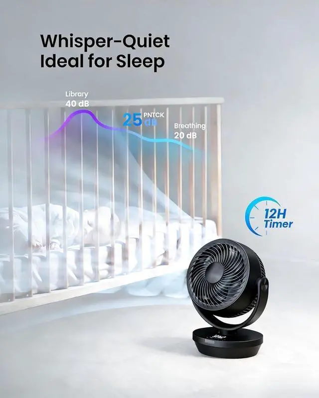 Alt view image 6 of 7 - Air Circulator Fan for Bedroom, Quiet Table Fan with 4 Speeds, 90° Oscillation, 120° Vertical, 12H Timer, Powerful Airflow, Oscillating Desk Fan for Bedroom Office Home