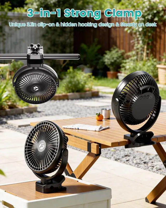 Alt view image 5 of 7 - 40000mAh Clip on Fan, 2-in-1 Portable Rechargeable Fan - 8 Inch USB Battery Operated Fans with Light & Screw-Clamp for Golf Cart, Desk, Tent, Travel, Gym, Treadmill, Summer Gifts, Black