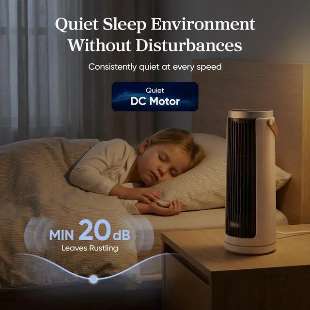 Alt view image 4 of 7 - Tower Fan for Bedroom, 20dB Quiet Desk Fan with 23ft/s, Portable & Easy to Carry, 3-Angle & 4-Speed Mini Oscillating Fan, DC Motor, Bladeless, Remoter, 12H Timer, for Home, Room, Office, White