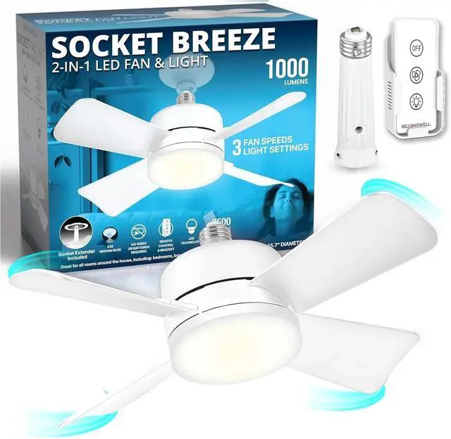 Main image of Socket Breeze Modern Ceiling Fans with LED Lights, 10" LED E26 Screw Base Mini Light Socket Fan for Bedroom, Living Room, Kitchen, Balcony