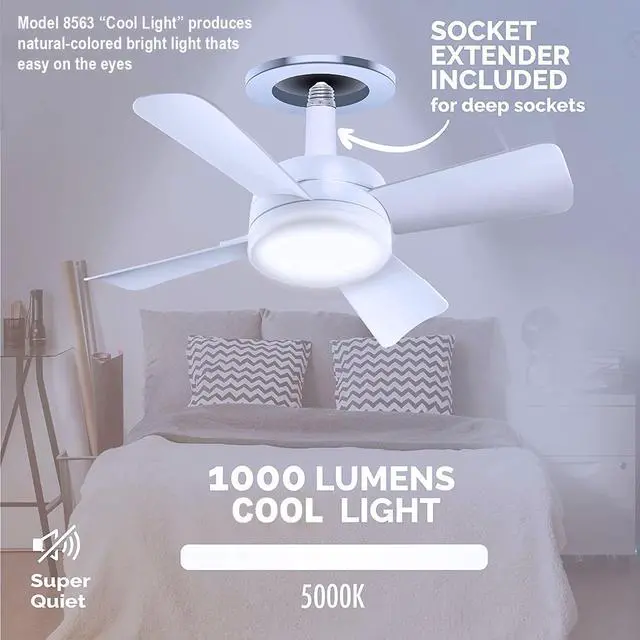 Alt view image 3 of 7 - Socket Breeze Modern Ceiling Fans with LED Lights, 10" LED E26 Screw Base Mini Light Socket Fan for Bedroom, Living Room, Kitchen, Balcony