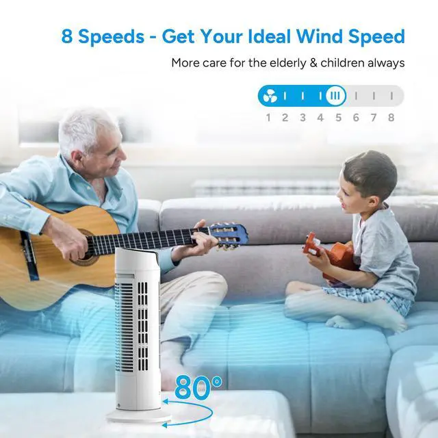 Alt view image 5 of 7 - Tower Fan for Bedroom, 25 dB Quiet DC Motor Bladeless Fan, Detachable Washable Design, 8 Speeds, 8H Timer, 80° Oscillating Fans for Indoors, 16 Inch Desk Table Fans with Remote, White