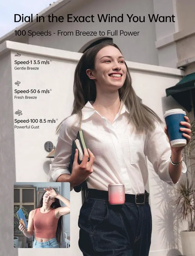 Alt view image 2 of 7 - Portable Neck Fan, 100 Speed 40000RPM Cooling, Mini Personal Handheld Wearable Waist Fan, 16H 4500mAh Battery with LED Display, Lightweight in Outdoor, Travel, Jobsite Gifts (Pink)