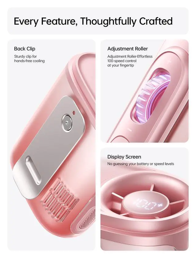 Alt view image 7 of 7 - Portable Neck Fan, 100 Speed 40000RPM Cooling, Mini Personal Handheld Wearable Waist Fan, 16H 4500mAh Battery with LED Display, Lightweight in Outdoor, Travel, Jobsite Gifts (Pink)