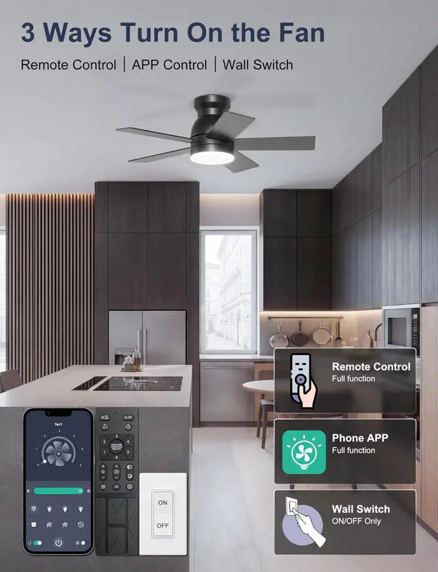 Alt view image 3 of 7 - 32'' Small Ceiling Fan with Light, Mini Low Profile Flush Mount Fan for Hallway & Closet, Quiet DC Motor, Modern Tiny Space Ceiling Fan with App/Remote Control, Black