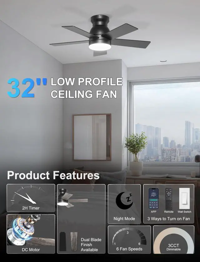 Alt view image 2 of 7 - 32'' Small Ceiling Fan with Light, Mini Low Profile Flush Mount Fan for Hallway & Closet, Quiet DC Motor, Modern Tiny Space Ceiling Fan with App/Remote Control, Black