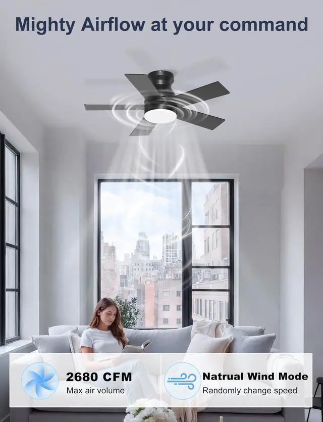 Alt view image 5 of 7 - 32'' Small Ceiling Fan with Light, Mini Low Profile Flush Mount Fan for Hallway & Closet, Quiet DC Motor, Modern Tiny Space Ceiling Fan with App/Remote Control, Black
