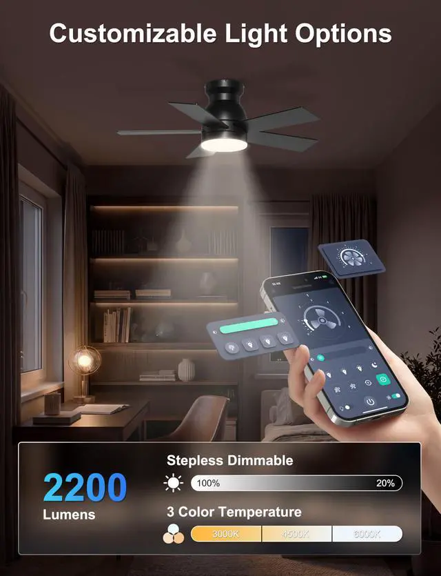 Alt view image 4 of 7 - 32'' Small Ceiling Fan with Light, Mini Low Profile Flush Mount Fan for Hallway & Closet, Quiet DC Motor, Modern Tiny Space Ceiling Fan with App/Remote Control, Black