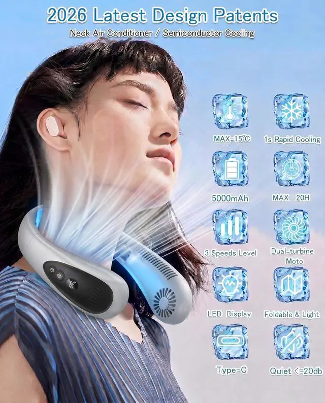 Alt view image 2 of 7 - Neck Air Conditioner, Portable Neck Fan with Cooling Plate 360°Cooling Airflow, 5200mah Rechargeable USB Fan Hands Free Bladeless Wearable Foldable Mini Fan for Men Women Home Office Outdoor