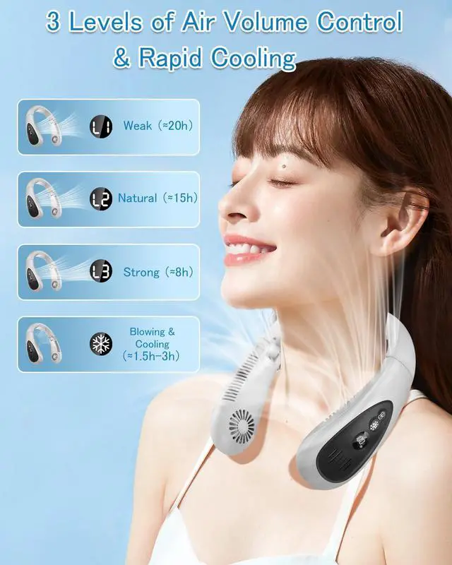 Alt view image 3 of 7 - Neck Air Conditioner, Portable Neck Fan with Cooling Plate 360°Cooling Airflow, 5200mah Rechargeable USB Fan Hands Free Bladeless Wearable Foldable Mini Fan for Men Women Home Office Outdoor