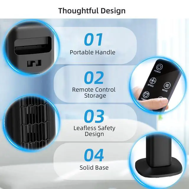 Alt view image 4 of 4 - Portable Bladeless Tower Fan, 80° Oscillating Design, Remote Control Included, 5 Speeds & 3 Modes, Low Noise for Bedroom and Living Room, Black