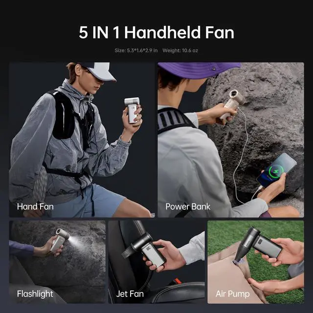 Alt view image 3 of 7 - Portable Handheld Fan Ultra2 9000mAh, Max 25 Hrs, 5 IN 1, 100 Speed Turbo Fan, Rechargeable 18W Power Bank with Flashlight, Metal Shell Multi-Function Travel Essentials Gifts for Men-Grey