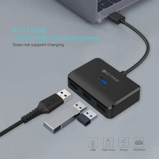 Alt view image 2 of 7 - 4-Port USB 3.0 Hub, Compact Size Data USB Hub for MacBook, Mac Pro, Mac mini, iMac, Surface Pro, XPS, PC, Flash Drive, Mobile HDD (Charging Not Supported), Black