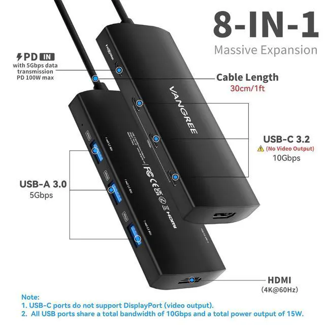Alt view image 2 of 7 - USB C Hub 8 in 1 Multiport Adapter, 3 USB 3.2 Gen 2 Ports with 10Gbps, 3 USB-A 3.0 5Gbps, 4K@60Hz HDMI, 100W PD, USBC Splitter for MacBook Pro, iPad Pro, Mac mini and More(Not Support USB-C Monitor)