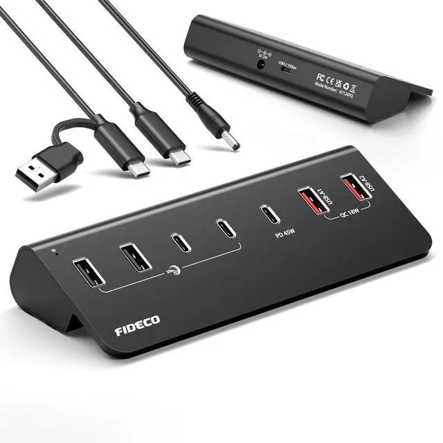 Main image of 7-Port 72W Powered USB Hub, USB C Hub with 1 PD 45W, 2 QC 3.0 Charging Ports, and 4 USB 3.2 Ports (2 USB-A + 2 USB-C), Aluminum 10Gbps USB Hub for Laptop, PC, MacBook, iPhone 17/16/15, Black