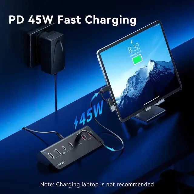 Alt view image 3 of 7 - 7-Port 72W Powered USB Hub, USB C Hub with 1 PD 45W, 2 QC 3.0 Charging Ports, and 4 USB 3.2 Ports (2 USB-A + 2 USB-C), Aluminum 10Gbps USB Hub for Laptop, PC, MacBook, iPhone 17/16/15, Black