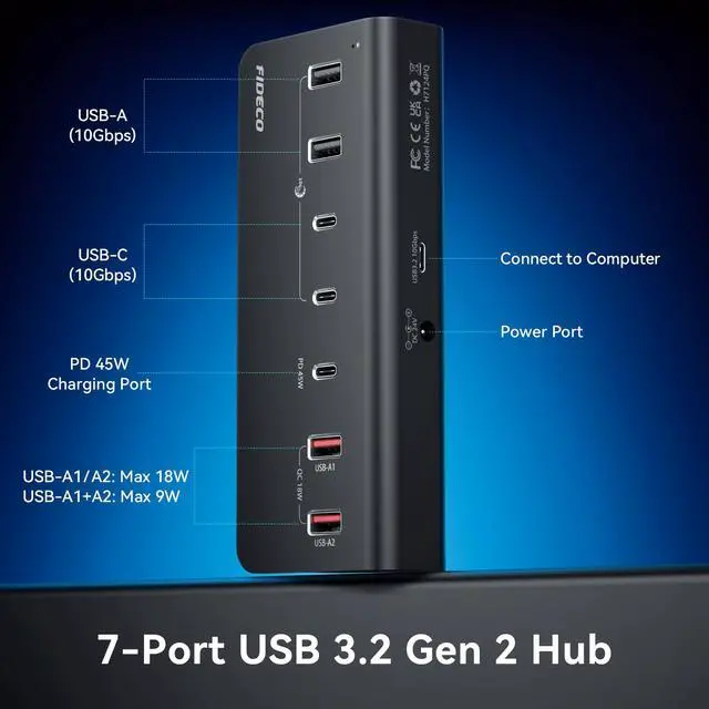 Alt view image 7 of 7 - 7-Port 72W Powered USB Hub, USB C Hub with 1 PD 45W, 2 QC 3.0 Charging Ports, and 4 USB 3.2 Ports (2 USB-A + 2 USB-C), Aluminum 10Gbps USB Hub for Laptop, PC, MacBook, iPhone 17/16/15, Black