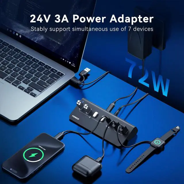 Alt view image 5 of 7 - 7-Port 72W Powered USB Hub, USB C Hub with 1 PD 45W, 2 QC 3.0 Charging Ports, and 4 USB 3.2 Ports (2 USB-A + 2 USB-C), Aluminum 10Gbps USB Hub for Laptop, PC, MacBook, iPhone 17/16/15, Black