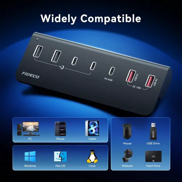 Alt view image 6 of 7 - 7-Port 72W Powered USB Hub, USB C Hub with 1 PD 45W, 2 QC 3.0 Charging Ports, and 4 USB 3.2 Ports (2 USB-A + 2 USB-C), Aluminum 10Gbps USB Hub for Laptop, PC, MacBook, iPhone 17/16/15, Black