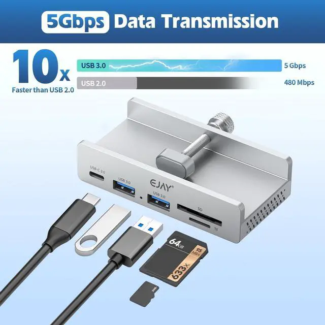 Alt view image 5 of 7 - 5Ports USB3.0 HUB Alu Splitter Desktop Docking with Card Reader for Desk/Monitor Clipping with Extra Power Supply Port,59inches Data & 39inches Power Cable-5Gbps(Silver)