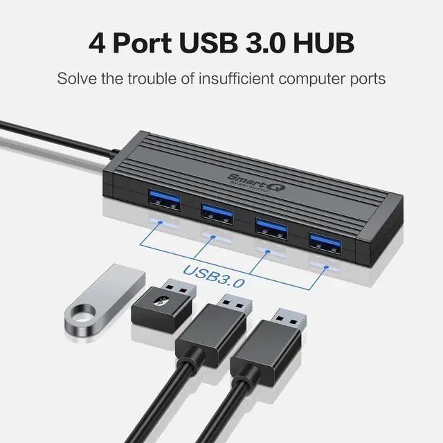 Alt view image 2 of 6 - 4-Port USB 3.0 Ultra-Thin Data Hub, High-Speed USB Port Expander for Laptop, MacBook, iMac, Surface Pro, XPS, Flash Drives, Mobile HDD, Printers, and More (Slim USB Hub - 4 ft)