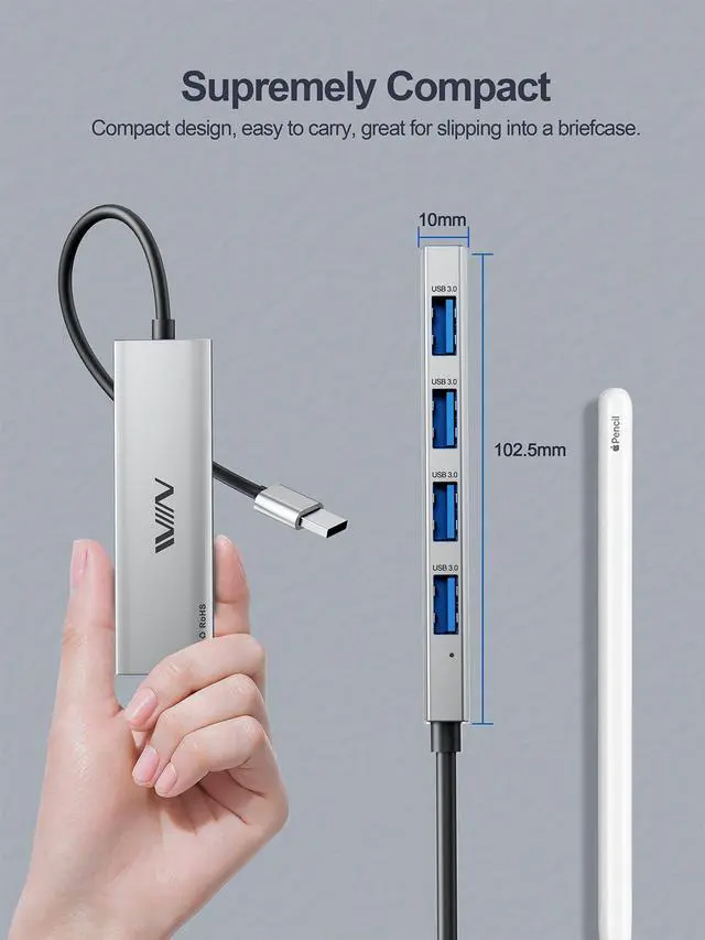 Alt view image 4 of 6 - USB 3.0 Hub, 4 Port USB Hub Splitter, USB A Expander Portable USB Adapter Multiport Data Hub for Laptop, iMac Pro, MacBook Air, Mac mini/Pro, Surface Pro, USB Flash Drives, and Mobile HDD-Sliver