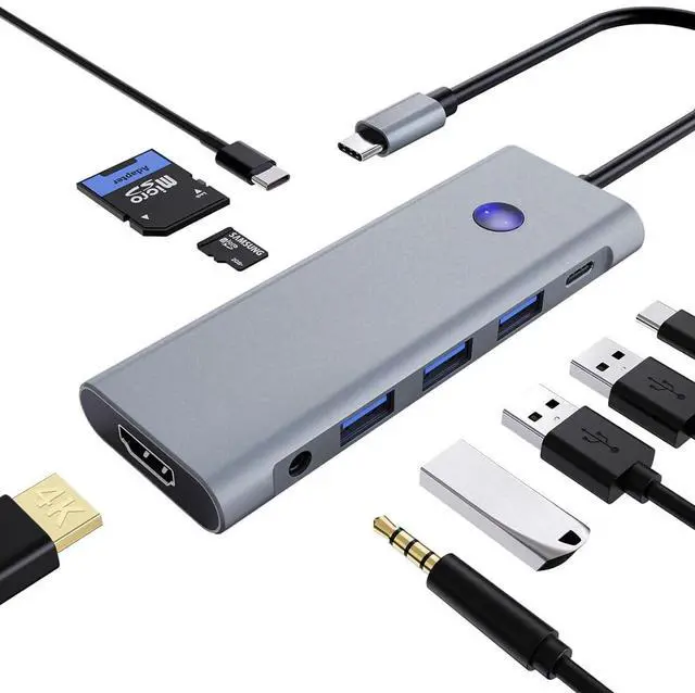 Main image of 9-in-1 USB C Hub with 100W PD Charging, 4K HDMI, USB 3.0/2.0, SD/TF Card Reader, Audio Jack Compact Adapter for MacBook, Windows, iPad, Linux & More