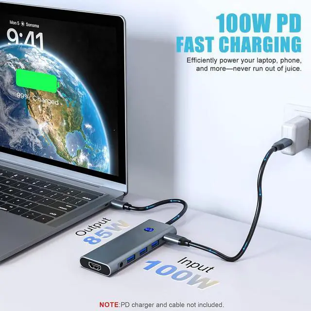Alt view image 3 of 7 - 9-in-1 USB C Hub with 100W PD Charging, 4K HDMI, USB 3.0/2.0, SD/TF Card Reader, Audio Jack Compact Adapter for MacBook, Windows, iPad, Linux & More