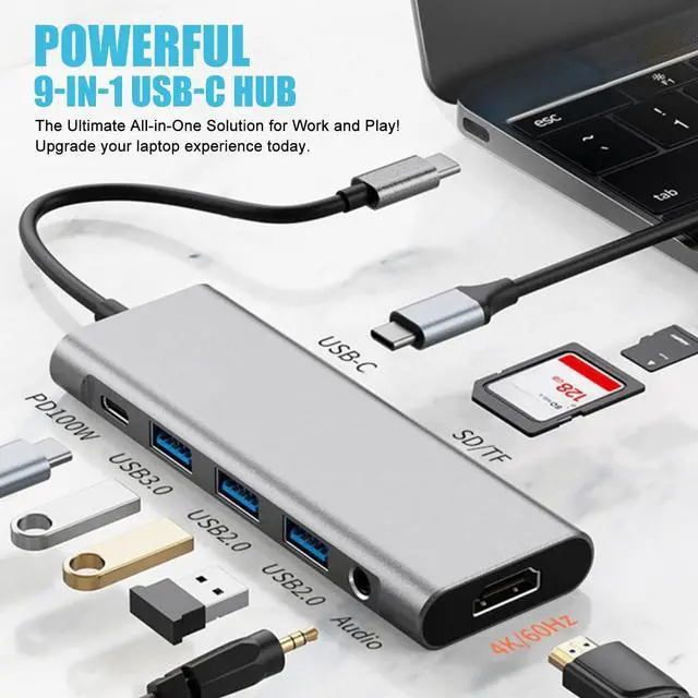 Alt view image 2 of 7 - 9-in-1 USB C Hub with 100W PD Charging, 4K HDMI, USB 3.0/2.0, SD/TF Card Reader, Audio Jack Compact Adapter for MacBook, Windows, iPad, Linux & More