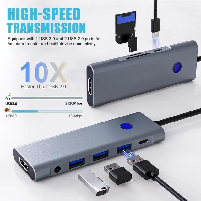 Alt view image 5 of 7 - 9-in-1 USB C Hub with 100W PD Charging, 4K HDMI, USB 3.0/2.0, SD/TF Card Reader, Audio Jack Compact Adapter for MacBook, Windows, iPad, Linux & More