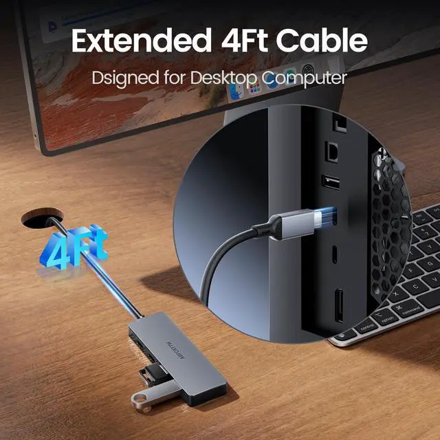 Alt view image 3 of 7 - 4FT USB C Hub 3.2 Multiport Adapter, 10Gbps Aluminium USB C to USB Hub with 2 USB-A & 2 Type-C Port, USB C Splitter for Thunderbolt, MacBook, Mac mini, Laptop, Desktop, etc.