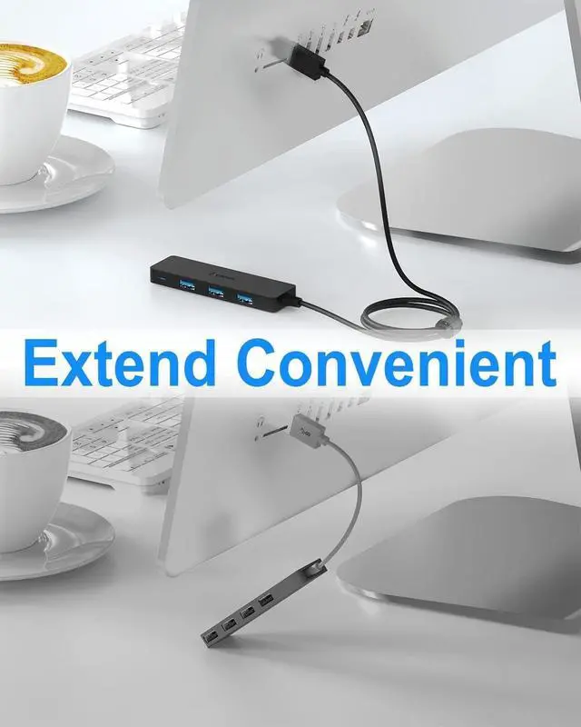 Alt view image 7 of 7 - USB Hub 3.0 Splitter with 4ft Extension Long Cable Cord, 4-Port Ultra-Slim Multiport Expander for Desktop Computer PC, Laptop, Chromebook, Mac mini, iMac, PS4, Flash Drive Data and More