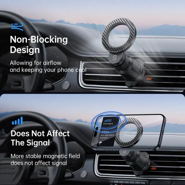 Alt view image 4 of 7 - for MagSafe Car HolderRing Ventilation 360° RotatableN55 Magnetic Phone Mount for Air Vent, Car Cell Phone Holder Mount Compatible iPhone 17/16 Pro Max 15 14 13 12, Carbon Fiber Style