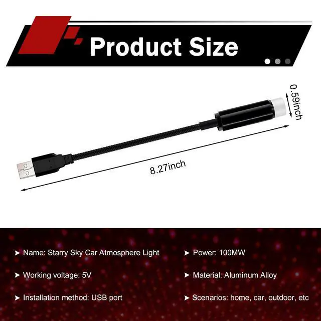 Alt view image 2 of 6 - 1PC USB Star Projector Night Light for Car Interior, Portable Adjustable Starry Night Light, Universal for Most Car Ceiling, Bedroom, Wall, Party (Red)