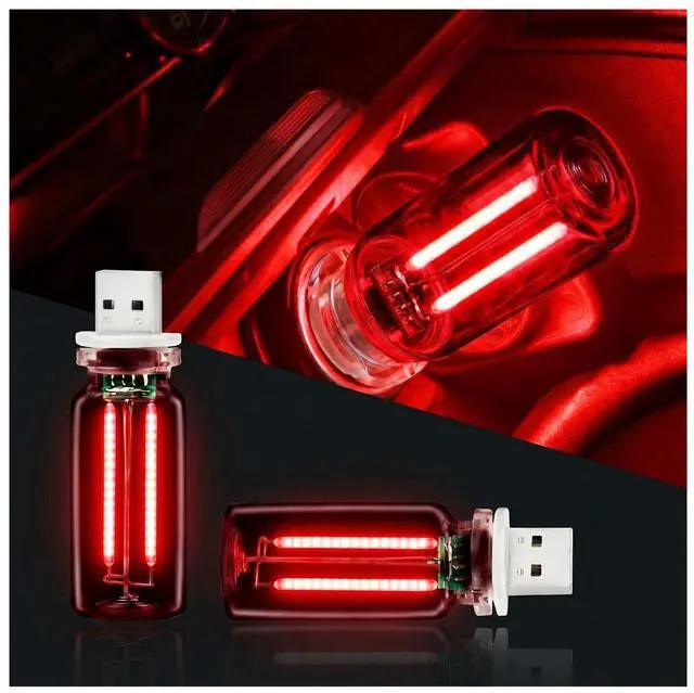 Main image of 2 PCS Car USB Night Light Bulb, USB Touch Light for Cars, Car Lights Interior, Portable Mini Glass Bottle LED Bulb Night Lights for Vehicle Bedroom Hallway Camping Holiday Decoration (Red)