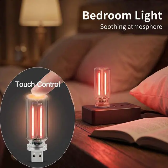 Alt view image 6 of 7 - 2 PCS Car USB Night Light Bulb, USB Touch Light for Cars, Car Lights Interior, Portable Mini Glass Bottle LED Bulb Night Lights for Vehicle Bedroom Hallway Camping Holiday Decoration (Red)